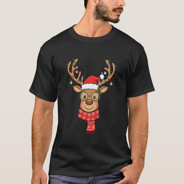 Camiseta Rena divertida vestindo chapéu e cachecol de Papai (Frente)