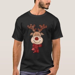 Camiseta Rena Fofa com Cachecol Vermelho Chifres de Veado F