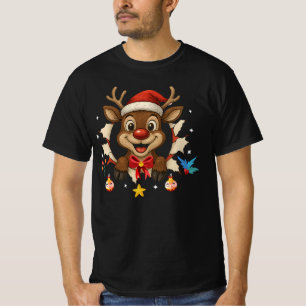 Camiseta Rena na Frente e Atrás Jumper de Natal Fã, Rena