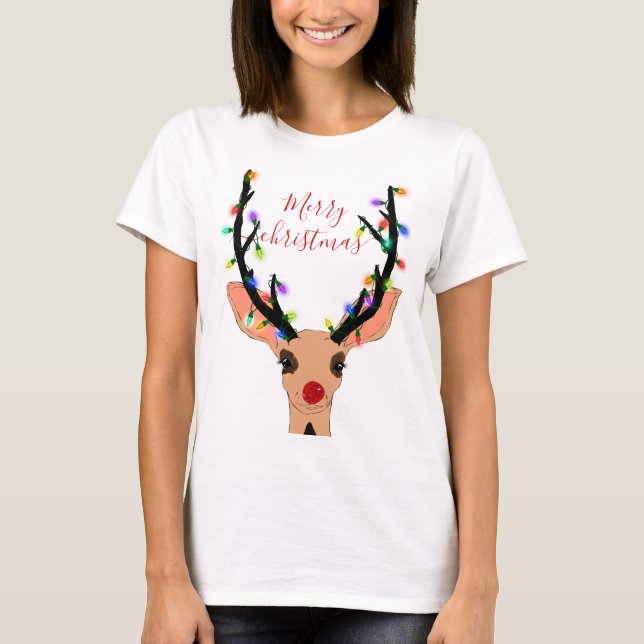 Camiseta Rena Vermelha Cria Veado Brilhante Luzes De Natal (Frente)