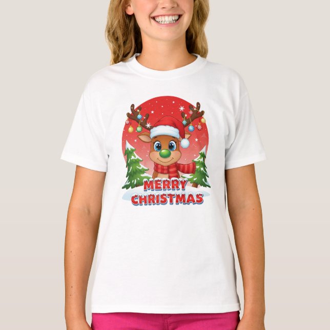 Camiseta Renas de Natal Fofas com Enfeites de Chapéu de Pap (Frente)