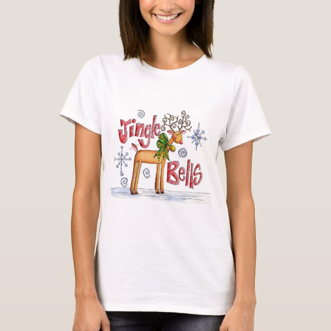 Camiseta Renas de Natal fofas, sinos de Natal flocos de nev (Frente)