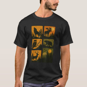 Camiseta Renascença Animais da Floresta Silhueta Urso Lobo