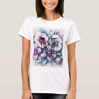 Camiseta Renda monograma floral flores de pensamento rosa r