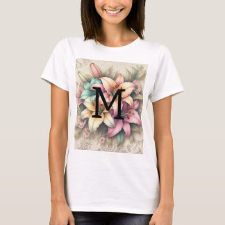 Camiseta Renda monograma floral rosa laranja lilases teal