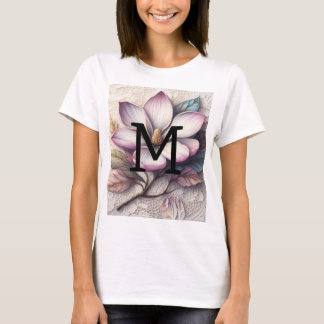 Camiseta Renda monograma floral rosa roxa flor de magnólia