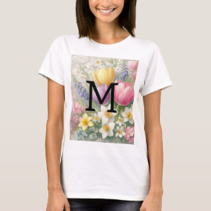 Camiseta Renda monograma floral tulipas narcisos pastel ros
