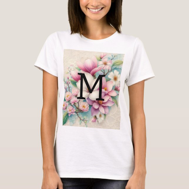 Camiseta Renda monograma flores de magnólia rosa roxo  (Frente)