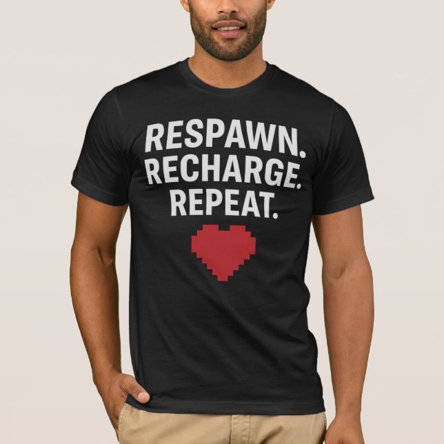 Camiseta REPARADO. RECARREGAR. REPEAT. - Gamer Pixel Heart  (Frente)