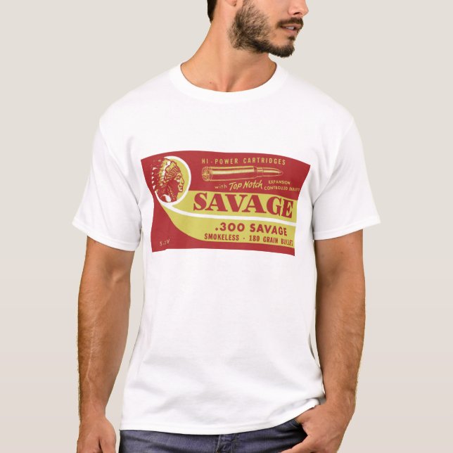Camiseta reprodução de uma caixa da munição do selvagem 300 (Frente)