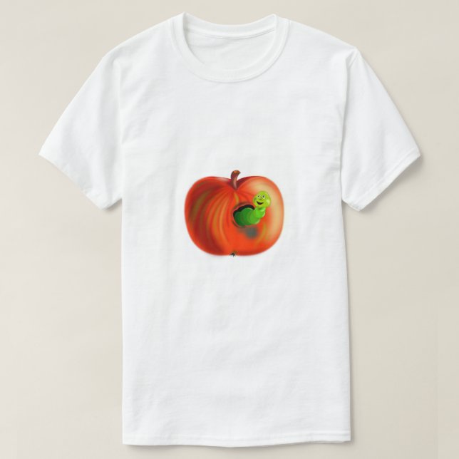 Camiseta Reprodutiva com Verme Feliz na Maçã Verme (Frente do Design)