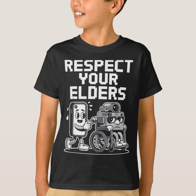 Camiseta Respect Your Elders Retro Tech Camera Phone Cartoo (Frente)