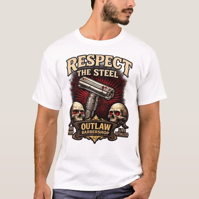 Camiseta Respeite o Aço – Design de Navalha de Dupla Face (Frente)