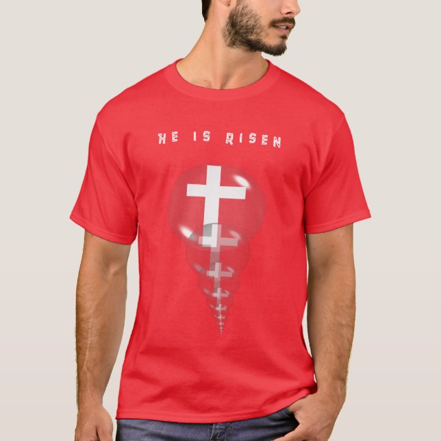 Camiseta Ressurreição Cruzada Ele é Risen T-Shirt (Frente)