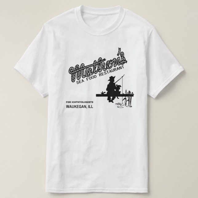Camiseta Restaurante de Comida do Mar de Mathon, Waukegan,  (Frente do Design)