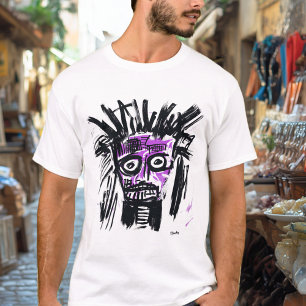 Camiseta Resumo Rosto Tribal - Roxo e Preto Urbano Ousado