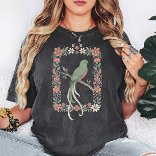 Camiseta Retângulo Floral de Pássaro Quetzal