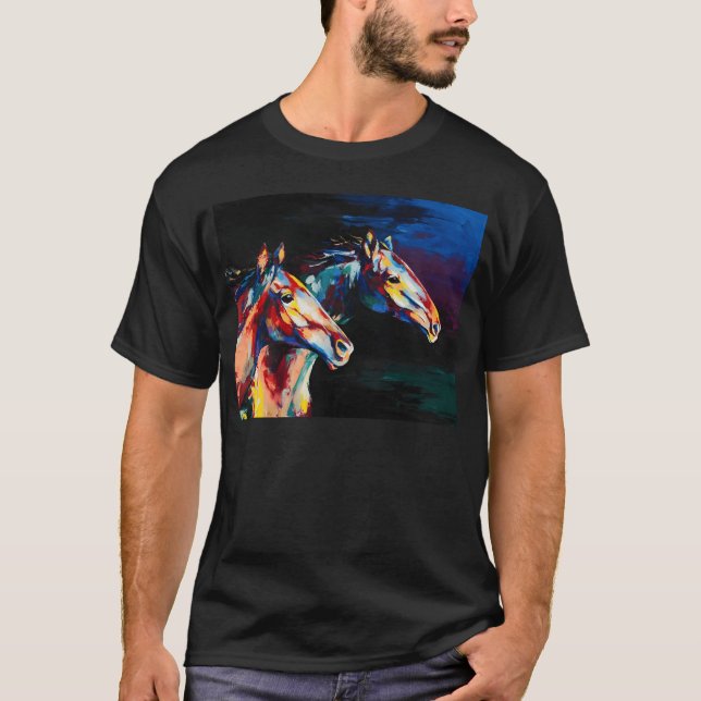 Camiseta Retrato a óleo de cavalos em tons multicoloridos (Frente)