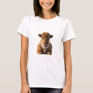 Camiseta Retrato Adorável de um Bebê Bisonte em Fundo Preto