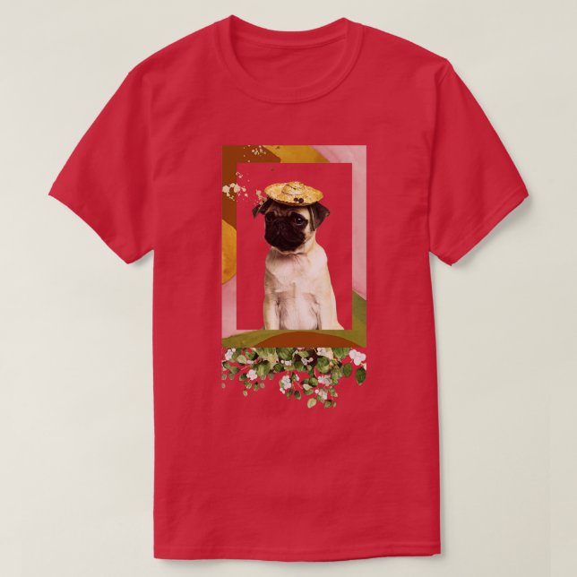 Camiseta Retrato Animal De Colagem Da Flor De Pug Cugado (Frente do Design)