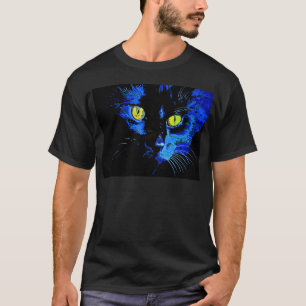 Camiseta Retrato Artístico De Gato Negro Com Amarelo Em Gre