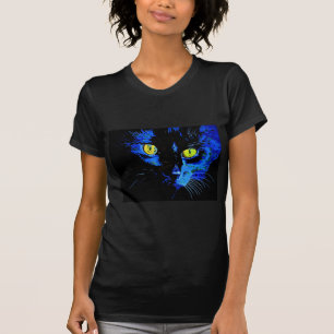 Camiseta Retrato Artístico De Gato Negro Com Amarelo Em Gre