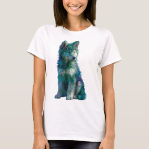 Camiseta Retrato Artístico de Loba Husky Turquesa Mulheres