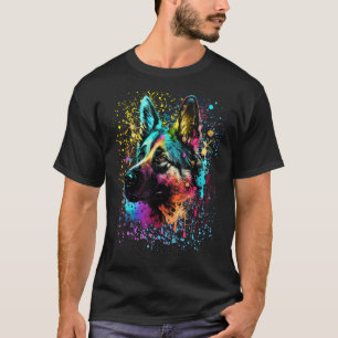 Camiseta Retrato Colorido de Arte Splash do Cachorro Pastor