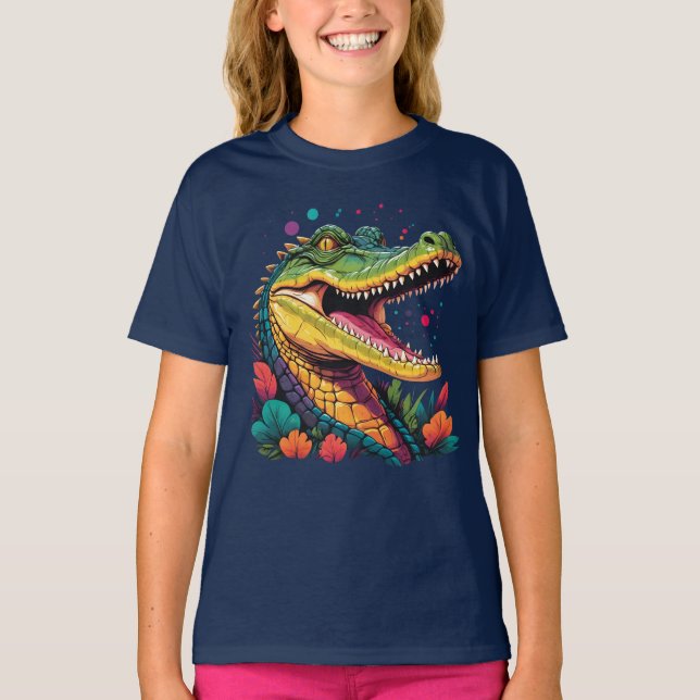Camiseta Retrato Crocodilo Colorido (Frente)