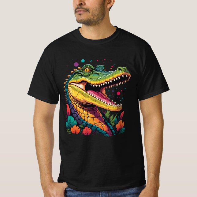 Camiseta Retrato Crocodilo Colorido (Frente)