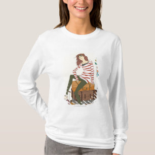 Camiseta Retrato da jovem mulher que senta-se na mala de