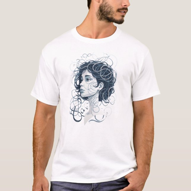 Camiseta Retrato da mulher etérea - Cabelo giratório Abstra (Frente)