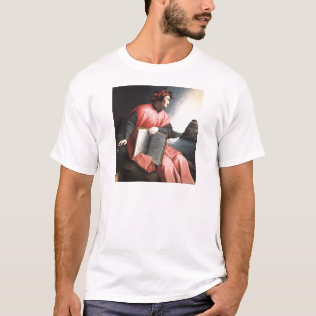Camiseta Retrato Dante com o Livro Os impressões de Comédia (Frente)