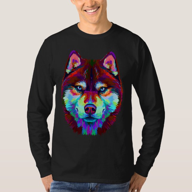 Camiseta Retrato De abstrato Multi-Coloração Do Husky Siber (Frente)