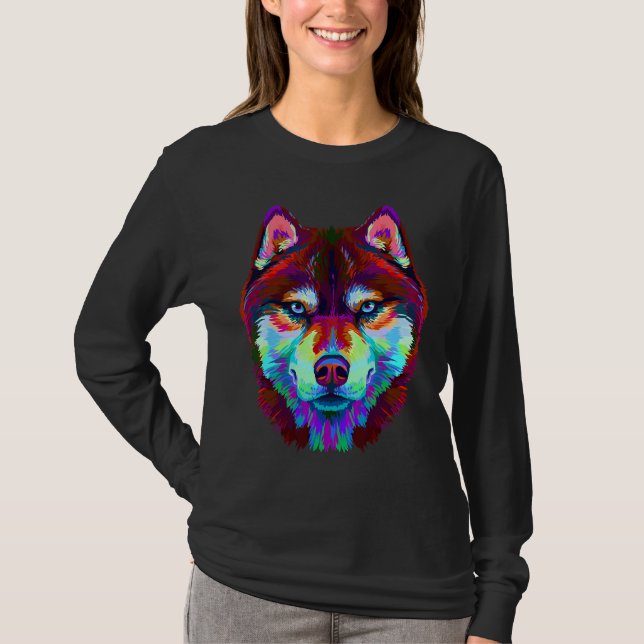 Camiseta Retrato De abstrato Multi-Coloração Do Husky Siber (Frente)