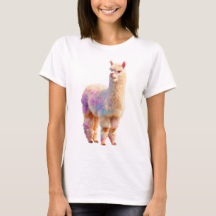 Camiseta Retrato de Alpaca Arco-íris em Aquarela Pastel Mul