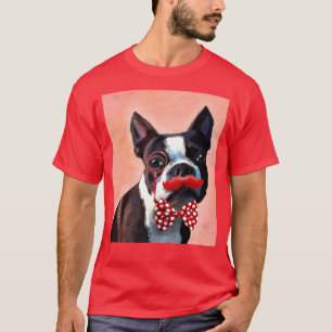 Camiseta Retrato de Boston Terrier com Arco Vermelho e 3