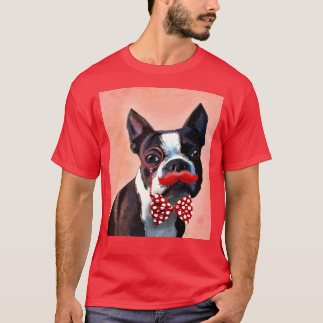 Camiseta Retrato de Boston Terrier com gravata de Arco verm (Frente)
