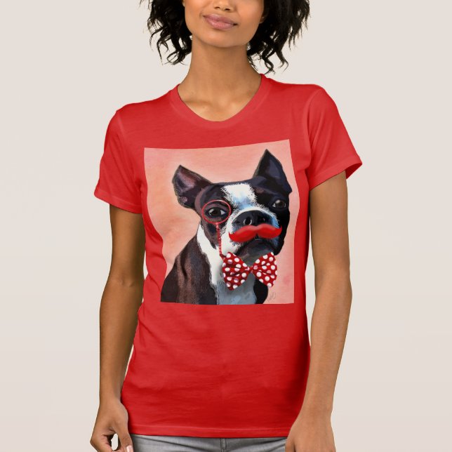 Camiseta Retrato de Boston Terrier com gravata de Arco verm (Frente)