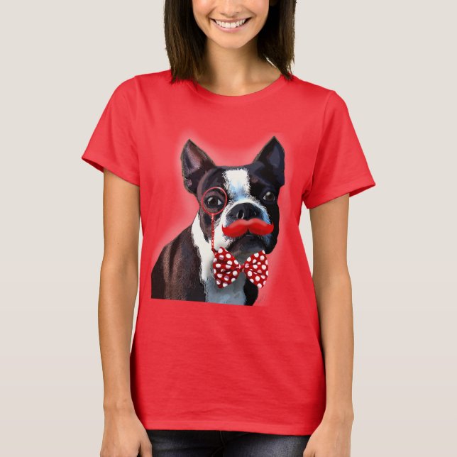 Camiseta Retrato de Boston Terrier com gravata vermelha de  (Frente)