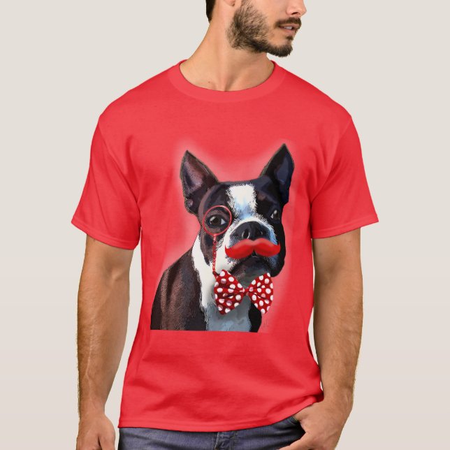 Camiseta Retrato de Boston Terrier com gravata vermelha de  (Frente)