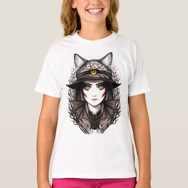 Camiseta Retrato de bruxas e bonitinho de Halloween (Frente)