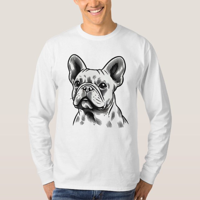 Camiseta Retrato de Bulldog Francês Negro e Branco (Frente)