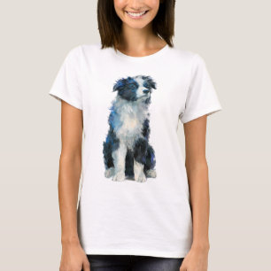Camiseta Retrato de Cachorrinho Border Collie Azul Mulheres