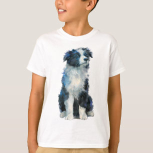 Camiseta Retrato de Cachorro Border Collie Azul para Crianç