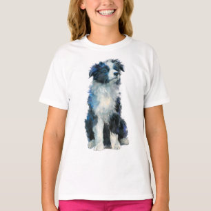 Camiseta Retrato de Cachorro Border Collie Azul para Crianç
