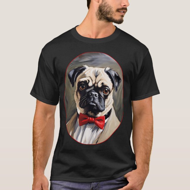 Camiseta Retrato de cachorro Pug com casaco e gravata (Frente)