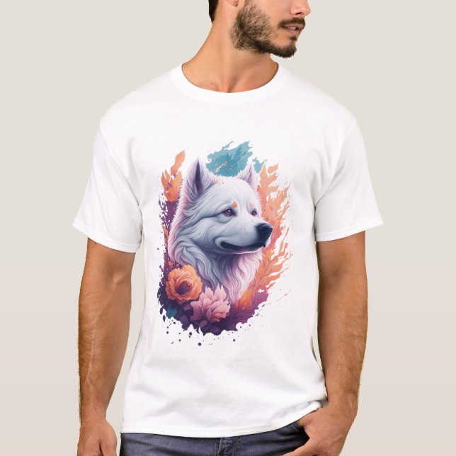 Camiseta Retrato de Cachorro - Samoyed Flores Splash (Frente)