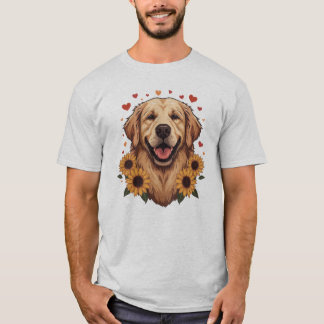 Camiseta Retrato de Cão Golden Retriever Floral Coração Cão