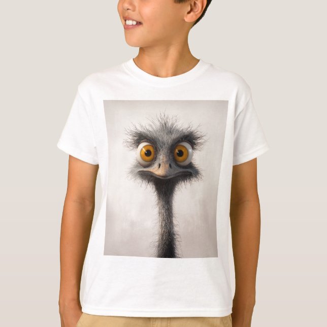 Camiseta Retrato De Cartoon De Ostrich De Olho Largo (Frente)